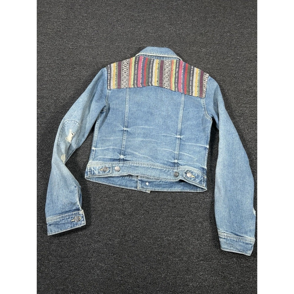 Free People Denim Trucker Jacket Women's 2 Boho Patchwork Aztec Distressed - Picture 2 of 9